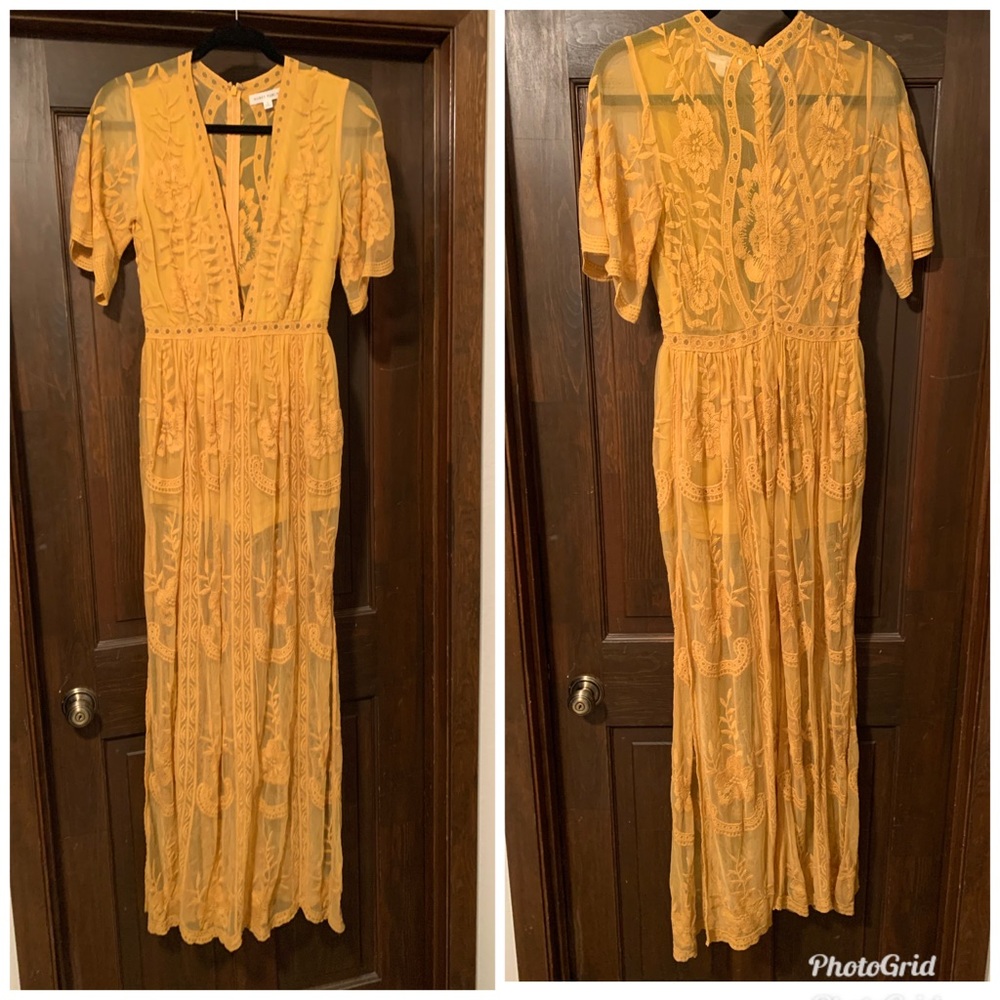Honey Punch mustard yellow lace romper dress